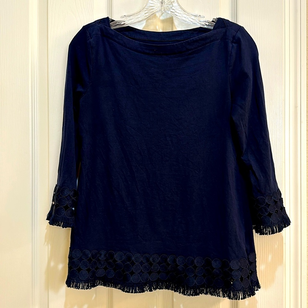 Talbots | Dark navy blue top with fringe detailing